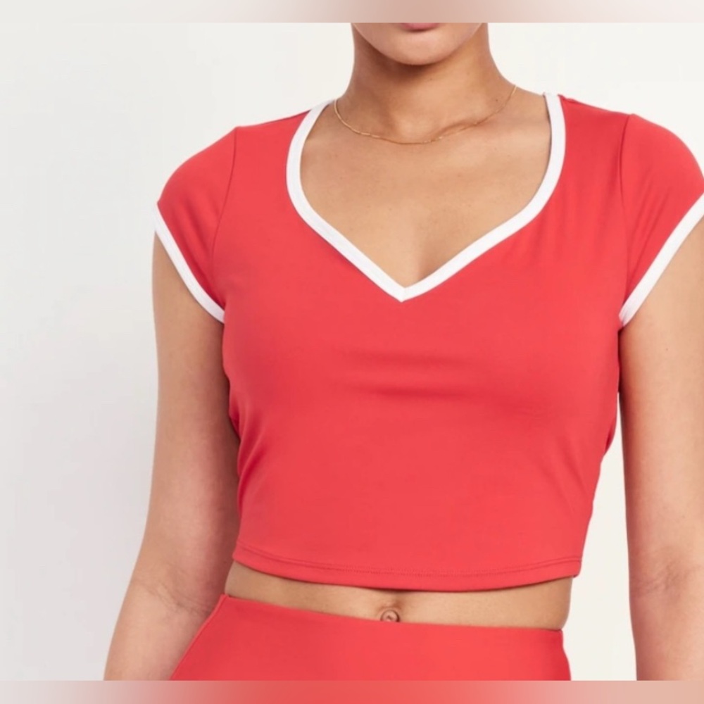Old Navy Active Powersoft Red V-Neck Crop Top with White Trim